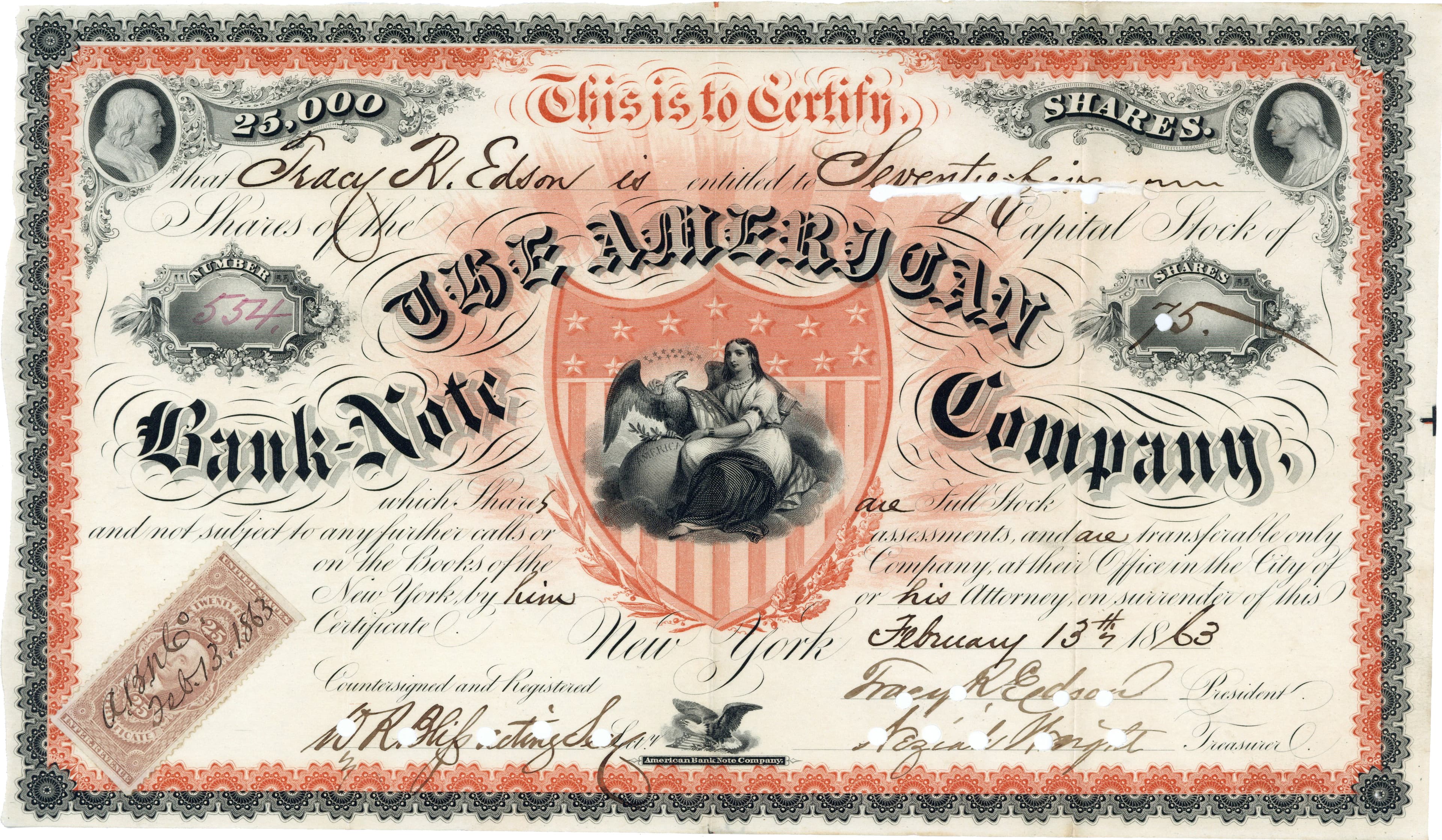 American Bank Note Company stock certificate, 1863 — 75 shares issued to Tracy R. Edson, the firm's president. Hand-engraved allegorical vignettes and guilloche border, by the same engravers who produced United States currency.